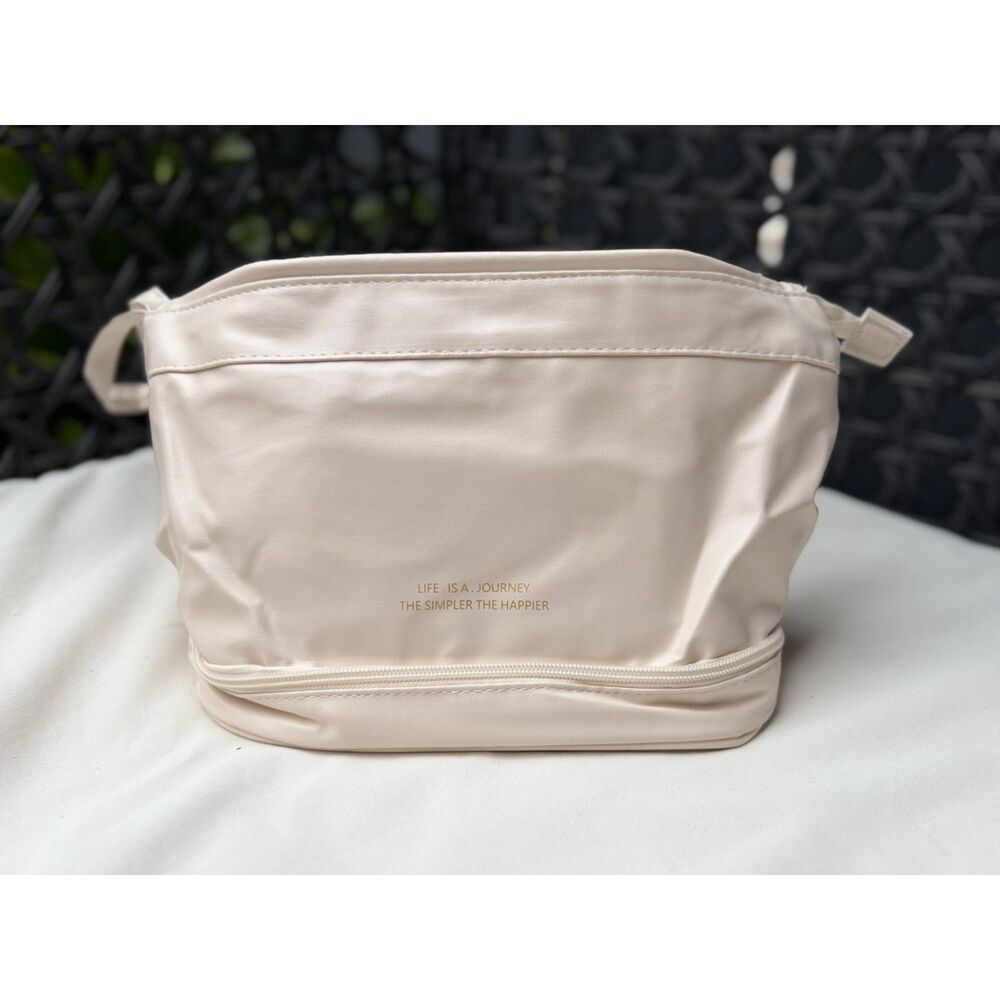 Cream Travel Toiletry Bag Cosmetic Makeup Organizer with Bottom Compartment